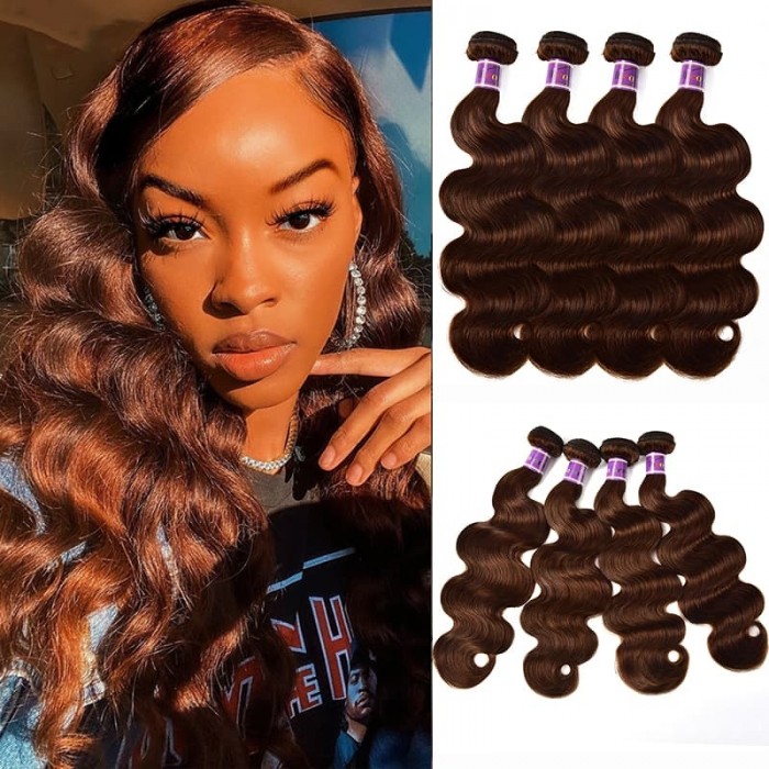 Incolorwig Virgin Peruvian Human Hair Weave Pre-colored #4 Medium Brown Body Wave 4 Bundles Deals