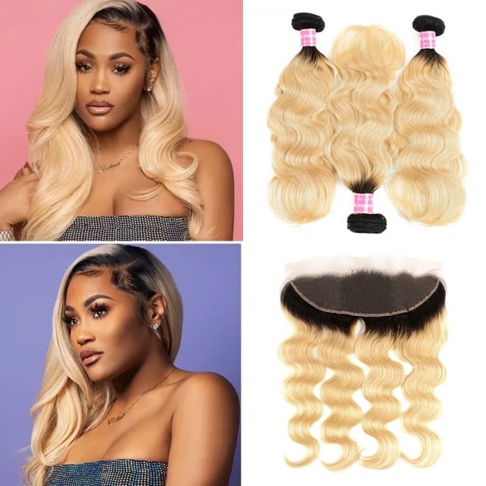 Incolorwig Hand-Picked Brazilian Hair 3 Bundles With 13*4 Free Part Lace Frontal #T1B613 Body Wave Hair Combination