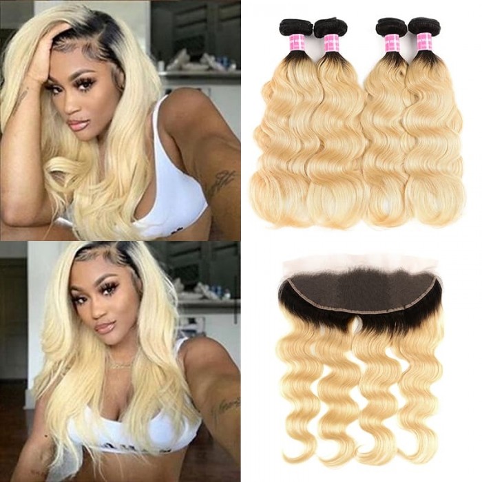 Incolorwig Brazilian Human Hair #T1B613 Ombre Color Body Wave 4 Bundles Hair With 13*4 Free Part Lace Frontal