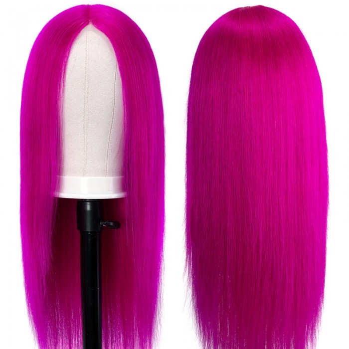 Incolorwig Rose Red Straight Human Hair Wig Hairline Lace Part 150% Density Middle-part Fake Scalp Wig 