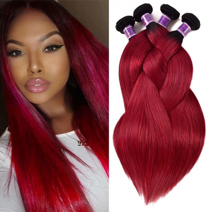 Incolorwig Peruvian Human Hair Weave #TB Burgundy 4 Bundles Straight Human Hair Weave