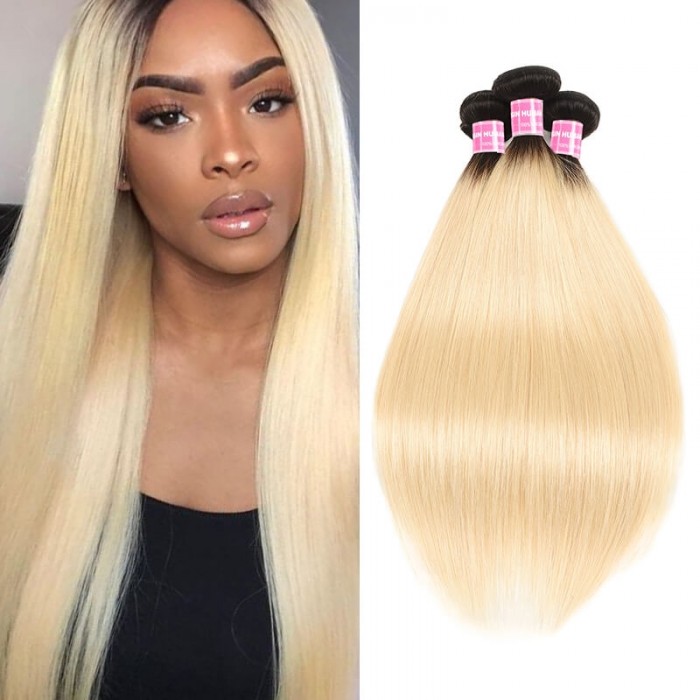 Incolorwig Hand-picked Peruvian Virgin Straight Hair Weave 3 Bundles #T1B613 Ombre Blonde Human Hair Weave