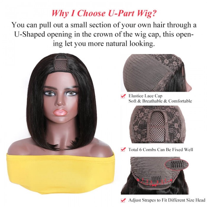 Incolorwig Natural Black Straight Hair Bob Wigs U Part Wig 2x4 Opening Size Middle Part Blunt Cut Bob