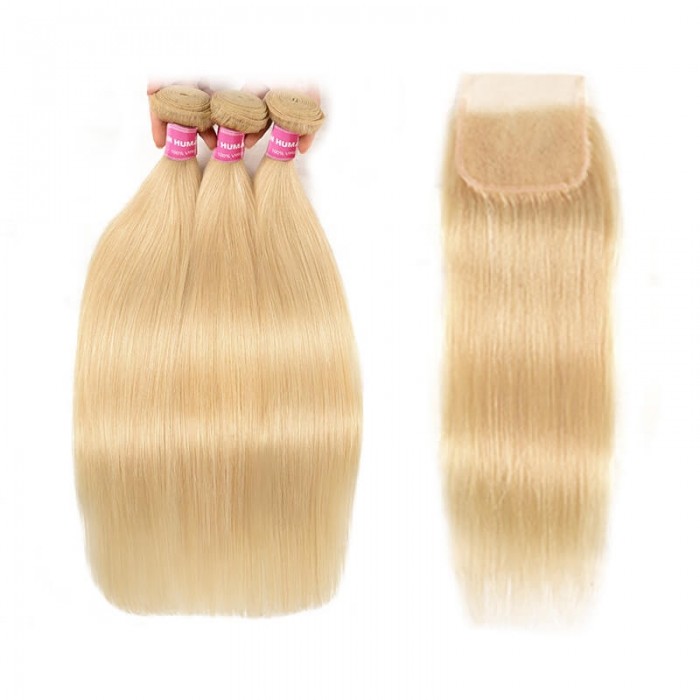 Incolorwig New Malaysian Human Hair #613 Blonde Straight Hair Combination 3 Bundles With 4*4 Lace Closure