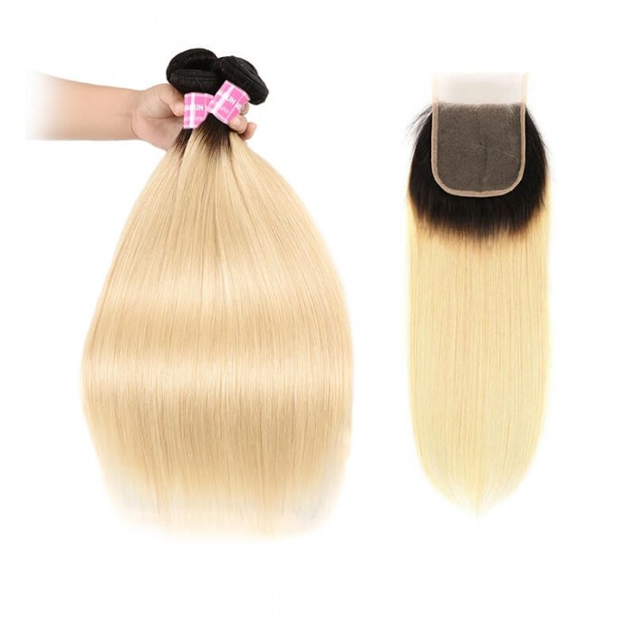 Incolorwig New Arrival Peruvian Human Hair Combination #T1B613 Ombre Blonde Straight Hair 3 Bundles With 4*4 Lace Closure