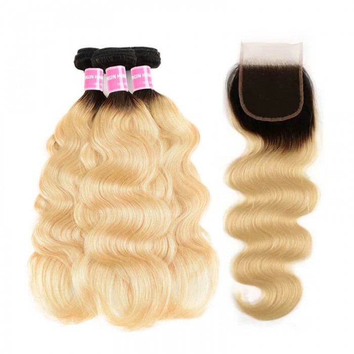 Incolorwig Malaysian Human Hair Combination #T1B613 Ombre Blonde Body Wave Hair 3 Bundles Deals With 4*4 Lace Closure