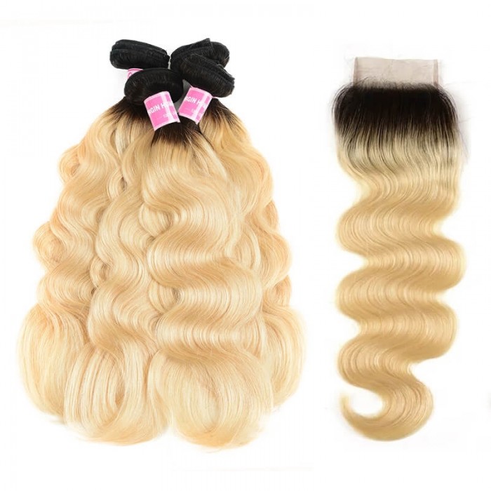 Incolorwig New Arrival #T1B613 Ombre Color Body Wave Brazilian 4 Bundles Hair With 4*4 Free Part Lace Closure