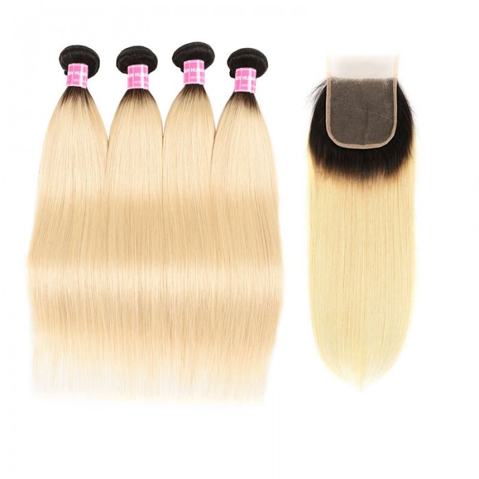 Incolorwig Staight Hair #T1B613 Ombre Color Brazilian 4 Bundles Hair With 4*4 Free Part Lace Closure