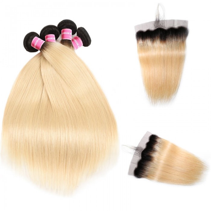 Incolorwig #T1B613 Ombre Color Staight Brazilian 4 Bundles Hair With 13*4 Free Part Lace Frontal