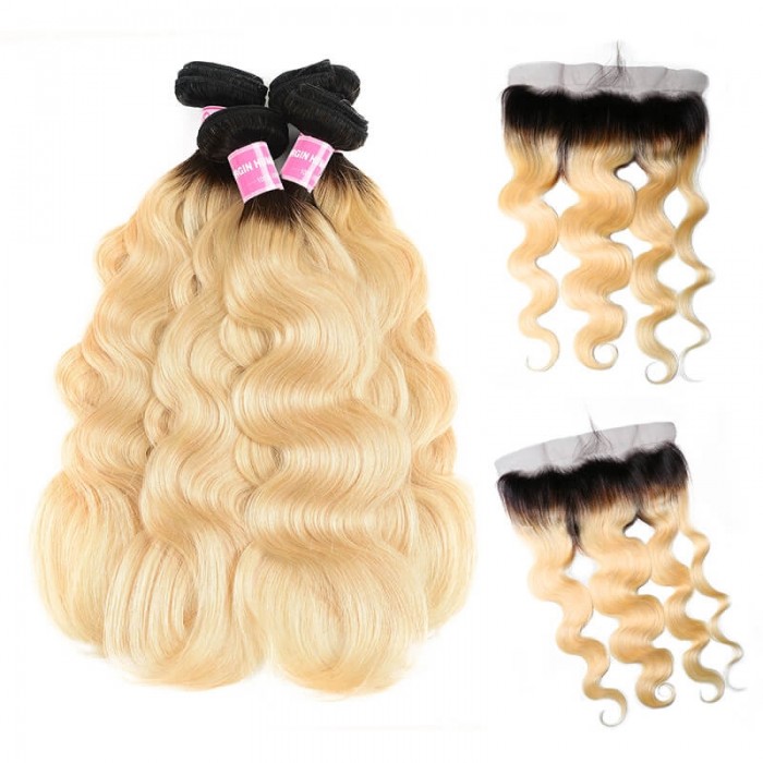 Incolorwig Brazilian Human Hair #T1B613 Ombre Color Body Wave 4 Bundles Hair With 13*4 Free Part Lace Frontal
