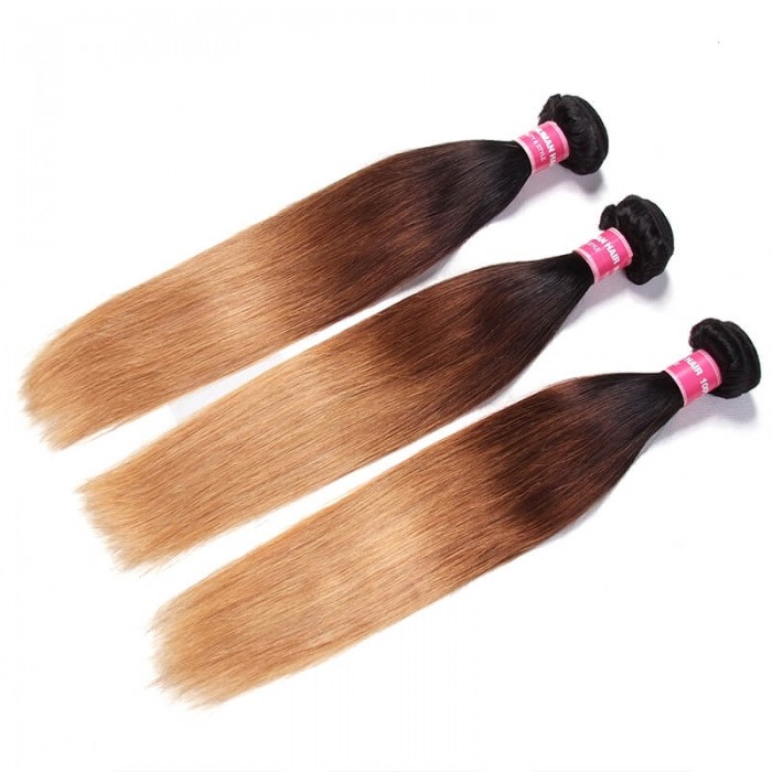 Incolorwig 100% Human Hair #T1B427 Ombre 3 Bundles Stragiht Hair With 4*4 Lace Closure Free Part For Women