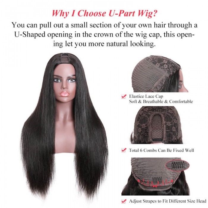 Easy To Wear Straight Human Hair U Part Wigs 20 Inch