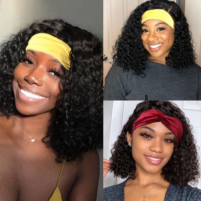 Incolorwig Water Wave Bob Wigs Natural Black Headband Human Hair Wigs