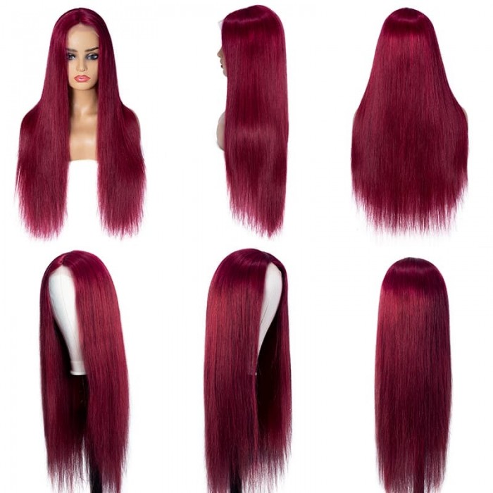Incolorwig Burgundy Hairline Lace Part Wig Bone Straight Human Hair Wig Wine Red 150% Density Updated Hairline Lace Wig