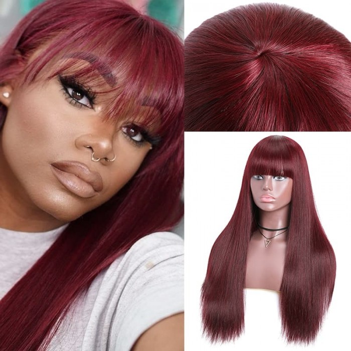Incolorwig 99J Silk Straight Hair Wigs with Bangs Glueless capless Wigs for Women 99j Red Human Hair Wig