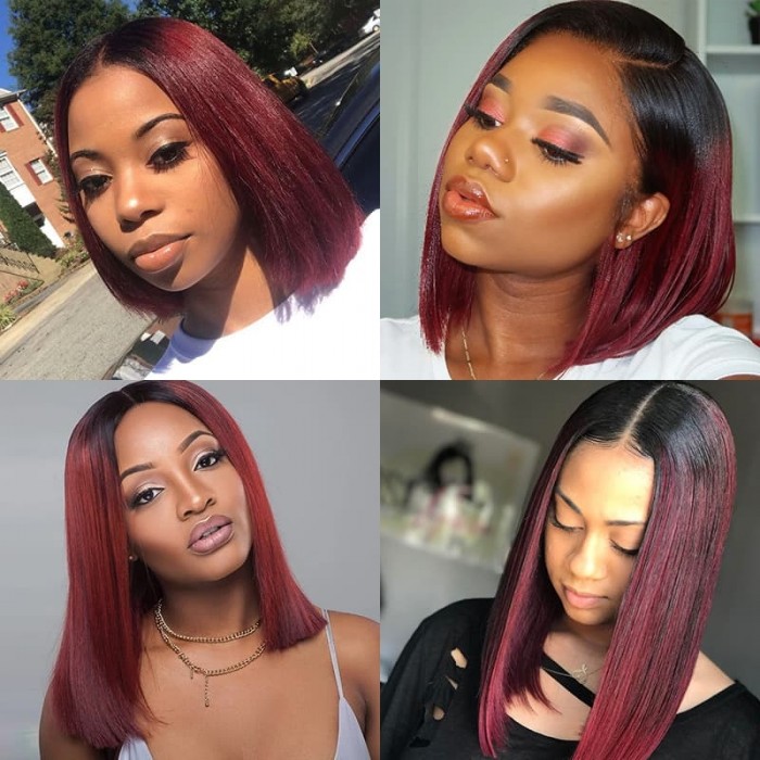 Incolorwig T1B99J Bob Straight Human Hair Wig 13x4 Red Blunt Cut Bob Wigs With Baby Hair 150% Density