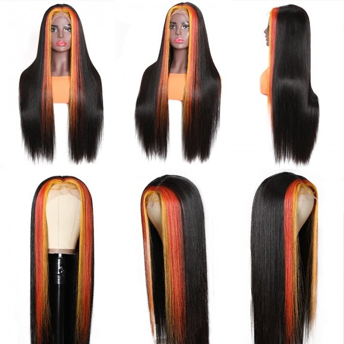 Incolorwig Highlight 13*4 Lace Frontal Wig 150% Density Natural Black Mixed Orange And Yellow Straight Wig