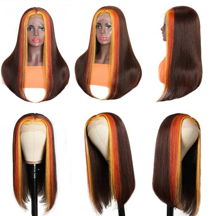 Incolorwig 150% Density Human Hair 13x4 Lace Front Highlight Wig #4 Mixed Orange And Yellow Colored Wig