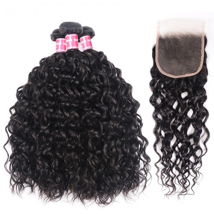 Incolorwig Brazilian Water Wave Virgin Hair Weave 3 Bundles With Lace Closure 100% Virgin Human Hair