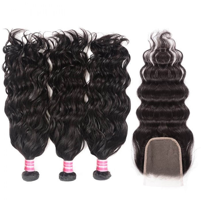 Incolorwig Natural Wave Virgin Hair Bundles 3 Bundles With Closure 100% Unprocessed Human Hair