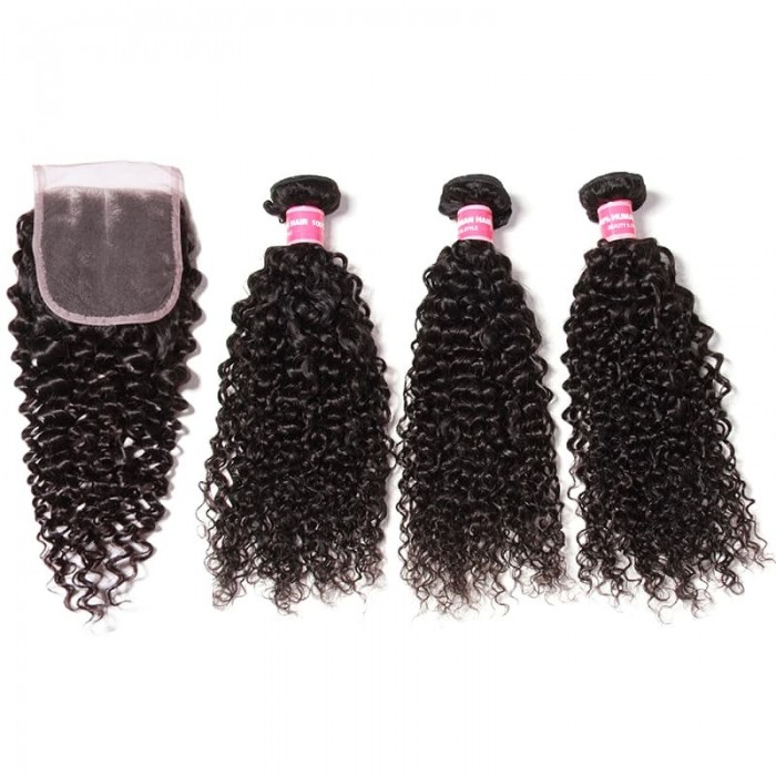 Incolorwig Jerry Curly Virgin Hair 3 Bundles With Pre-plucked 4*4 Lace Closure Human Hair