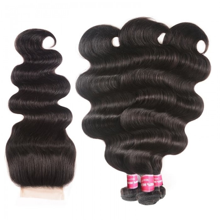 Incolorwig Body Wave Virgin Hair Weave 3 Bundles With Lace Closure 100% Virgin Human Hair