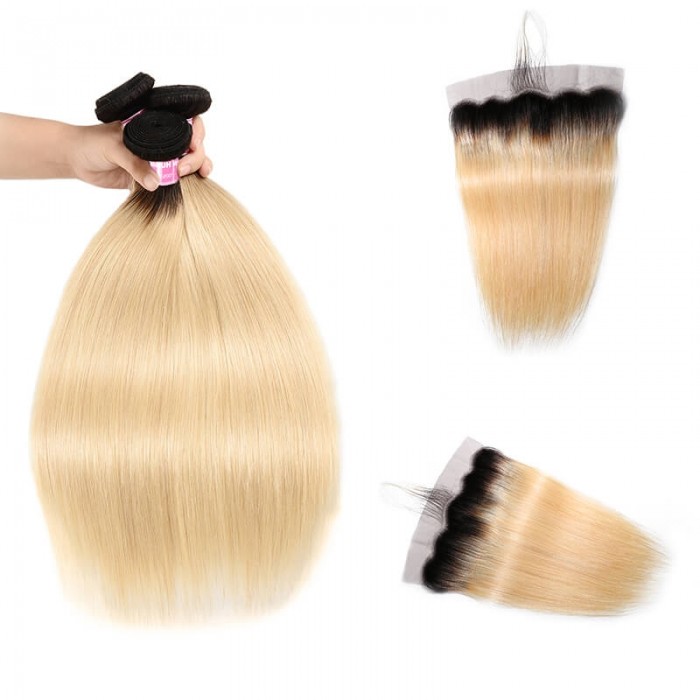 Incolorwig New #T1B613 Ombre Blonde Straight Peruvian 3 Bundles Hair With 13*4 Free Part Lace Frontal