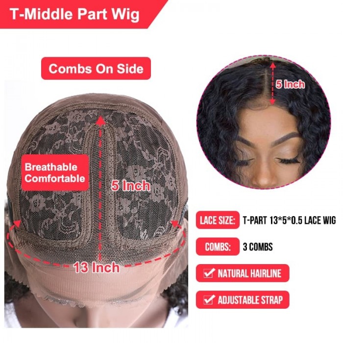 Incolorwig Middle Part Jerry Curly Wig Natural Black 13*5*0.5 T Part Wig 150% Density 13x4 Lace Front Human Hair Wigs