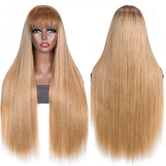 Incolorwig Honey Brown Ombre 13*4 Transparent Lace Front Straight Hair Wig With Bangs