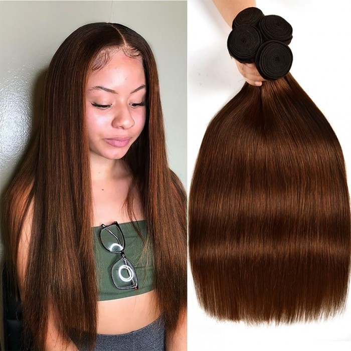 Incolorwig 4 Bundles Brazilian Human Hair #4 Medium Brown Human Straight Hair Weave