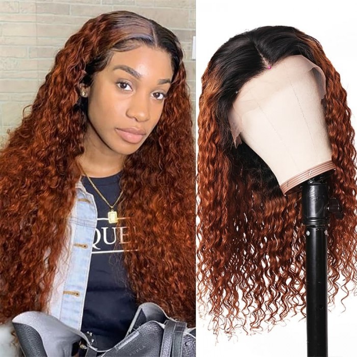 Incolorwig Best Human Hair Curly Wigs #T1B30 Ombre Color 13*4 Lace Front Wigs 150% Density