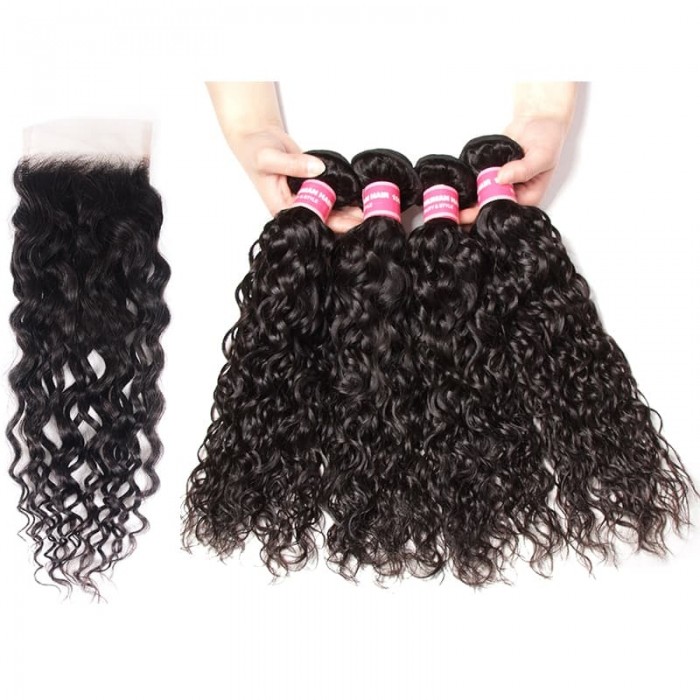 Incolorwig Natural Black Water Wave 4 Bundles Unprocessed Virgin Human Hair With 4x4 Lace Closure