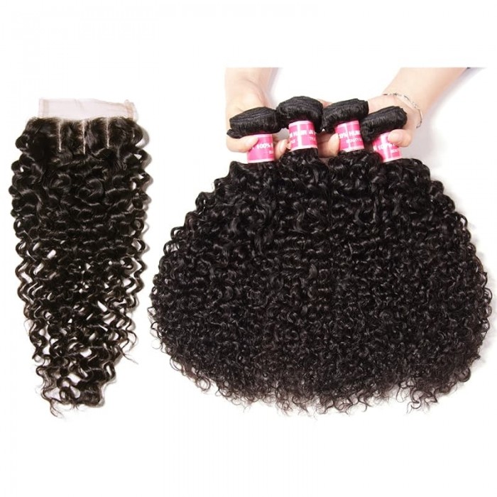 Incolorwig Natural Black Jerry Curly Weave 4 Bundle Deals With 4x4 Lace Closure