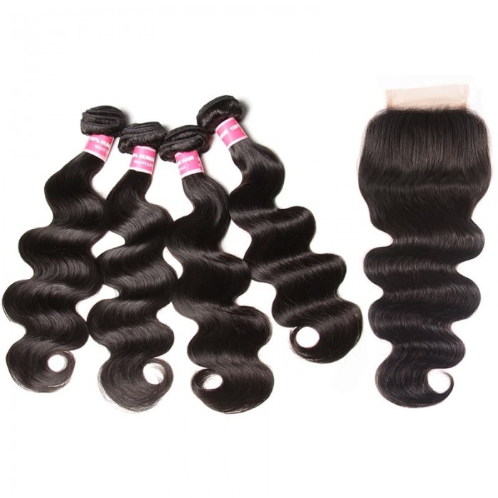 Incolorwig Soft And Bouncy Body Wave Human Hair Weave 4 Bundles With 4x4 Lace Closure