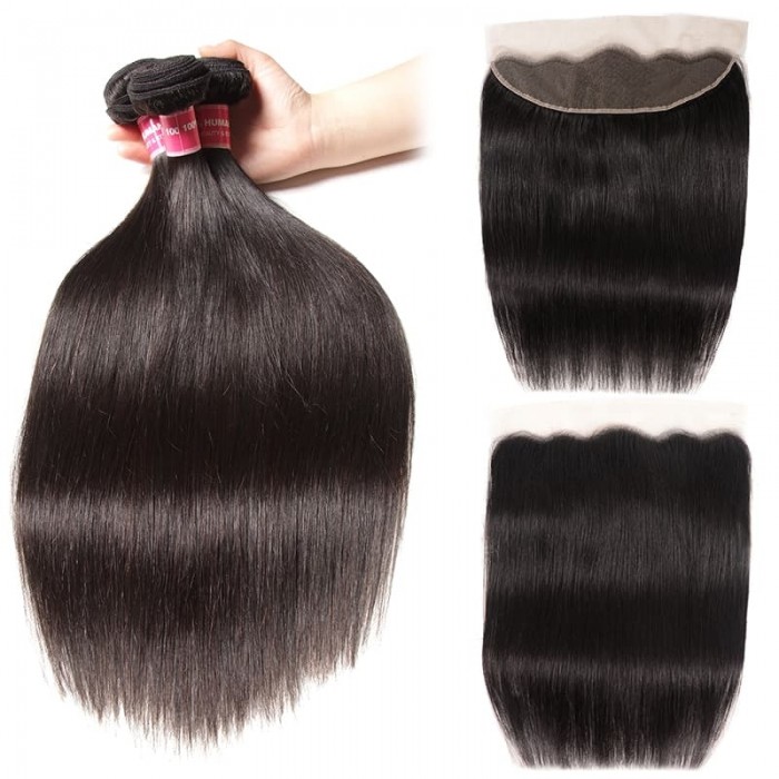 Incolorwig 100% Virgin Human Hair Straight Hair 3 Bundles With 13x4 Lace Frontal Closure
