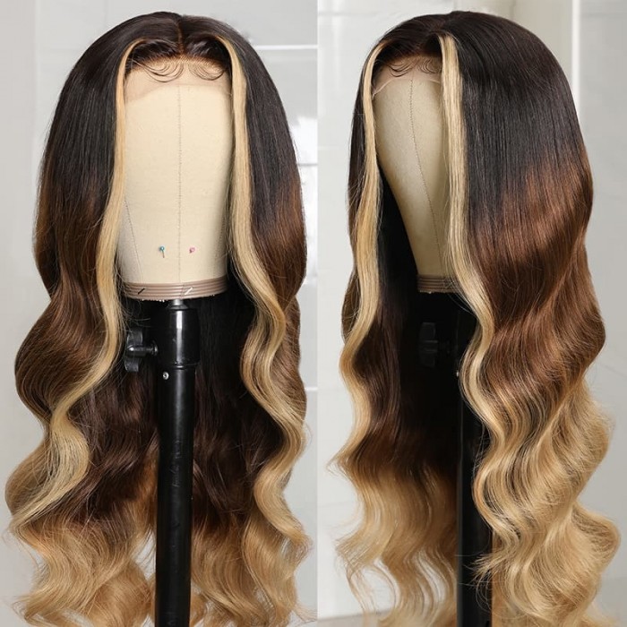 Incolorwig Face Framing Highlights Wigs Honey Blonde Loose Wave Wig Ombre T Part Wigs