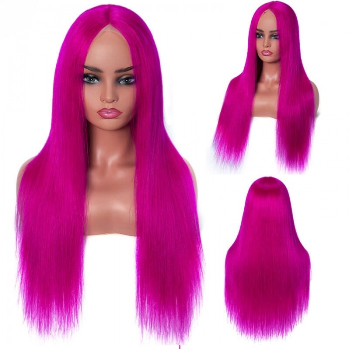Incolorwig Rose Red Straight Human Hair Wig Hairline Lace Part 150% Density Middle-part Fake Scalp Wig 