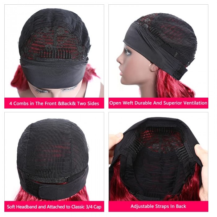 Incolorwig Burgundy Red Headband Wigs Glueless Human Hair Wigs Adjustable Headband Body Wave Wigs 