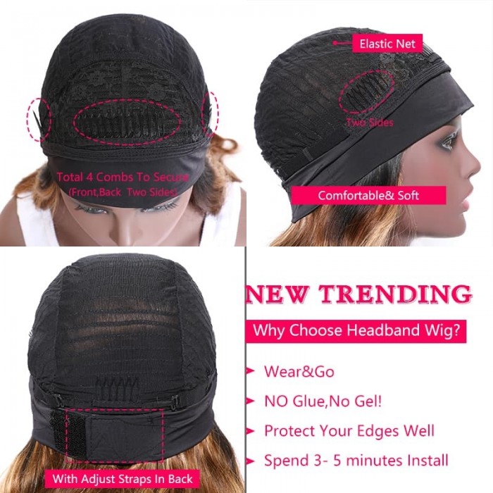 Incolorwig Honey Blond Highlight Body Wave Headband Wig 150% Density Ombre Color