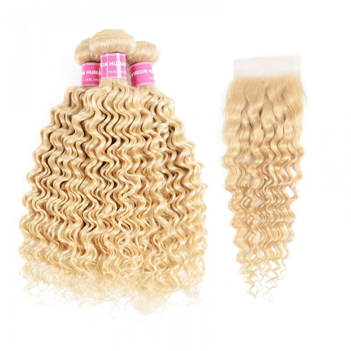 Incolorwig High Quality Malaysian Human Hair #613 Blonde Deep Wave 3 Bundles Hair Weave With 4*4 Lace Closure