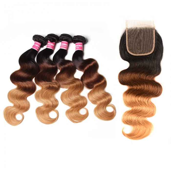 Incolorwig Brazilian 4 Bundles Hair With 4*4 Free Part Lace Closure New Arrival #T1B427 Ombre Color Body Wave Hair Combinaiton