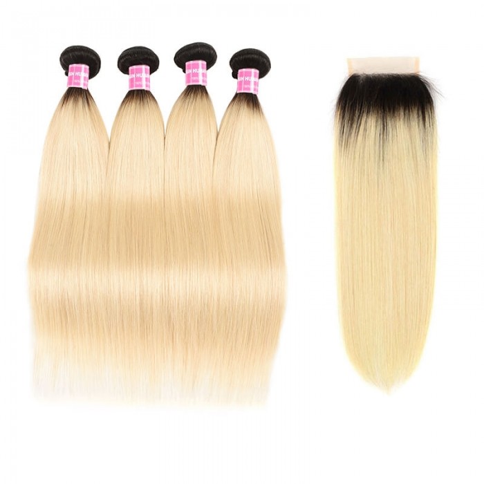 Incolorwig Malaysian 4 Bundles Hair With 4*4 Free Part Lace Closure Staight Hair #T1B613 Ombre Color