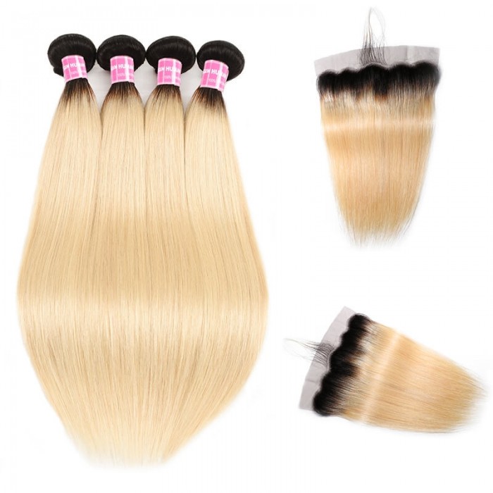 Incolorwig #T1B613 Ombre Color Staight Brazilian 4 Bundles Hair With 13*4 Free Part Lace Frontal