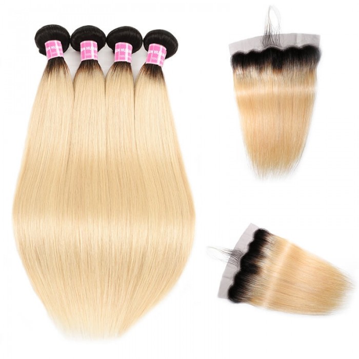 Incolorwig #T1B613 Ombre Color Staight Malaysian 4 Bundles Hair With 13*4 Free Part Lace Frontal