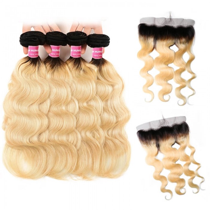 Incolorwig Brazilian Human Hair #T1B613 Ombre Color Body Wave 4 Bundles Hair With 13*4 Free Part Lace Frontal