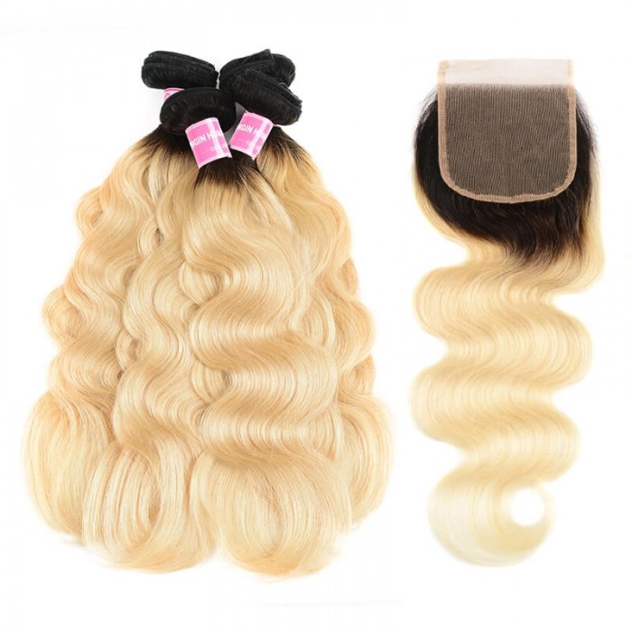 Incolorwig Indian Human Hair New Arrival #T1B613 Ombre Color Body Wave 4 Bundles Hair With 4*4 Free Part Lace Closure
