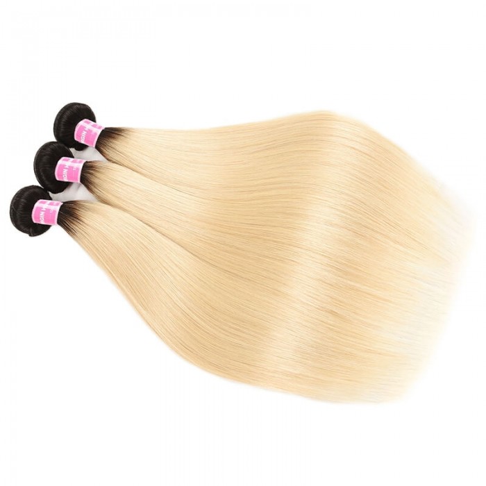 Incolorwig Hand-picked Peruvian Virgin Straight Hair Weave 3 Bundles #T1B613 Ombre Blonde Human Hair Weave