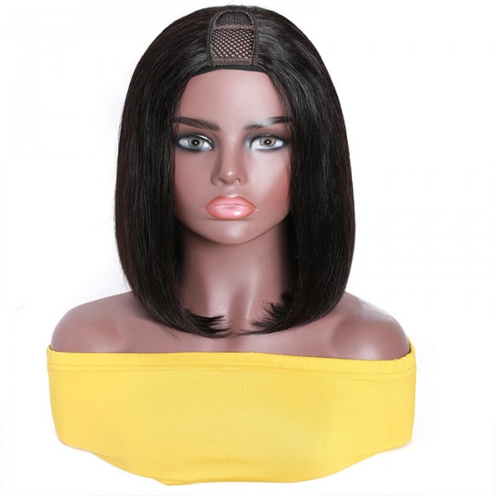 Incolorwig Natural Black Straight Hair Bob Wigs U Part Wig 2x4 Opening Size Middle Part Blunt Cut Bob