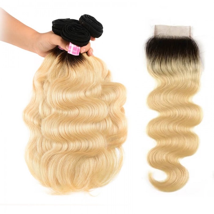 Incolorwig Malaysian Human Hair Combination #T1B613 Ombre Blonde Body Wave Hair 3 Bundles Deals With 4*4 Lace Closure
