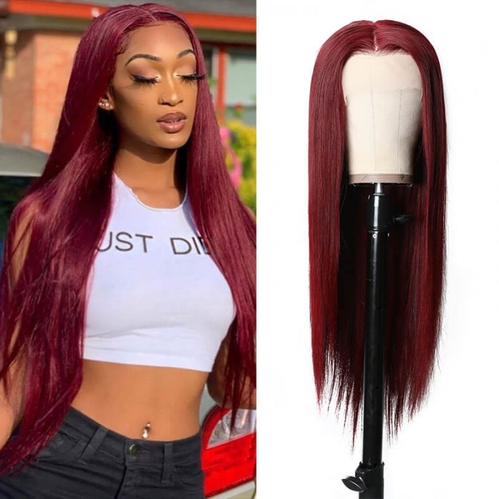 Incolorwig Straight Human Hair 13*6 Lace Frontal Wig 150% Density #99J Red Hair Wig
